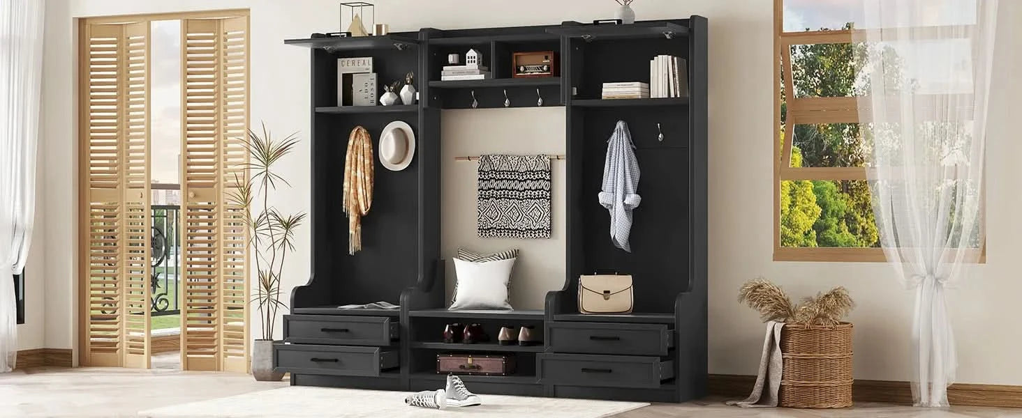 4-in-1 Detachable Hall Tree with Storage and 7 Hooks, Multiple Functions Hallway Coat Rack with Storage Drawers and Cabinet, Black Shoe Bench for Entryway Hallway Default -DTYStore