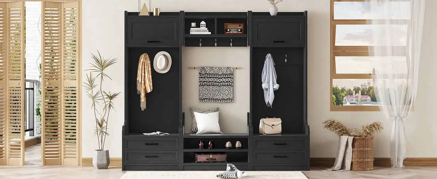 4-in-1 Detachable Hall Tree with Storage and 7 Hooks, Multiple Functions Hallway Coat Rack with Storage Drawers and Cabinet, Black Shoe Bench for Entryway Hallway Default -DTYStore