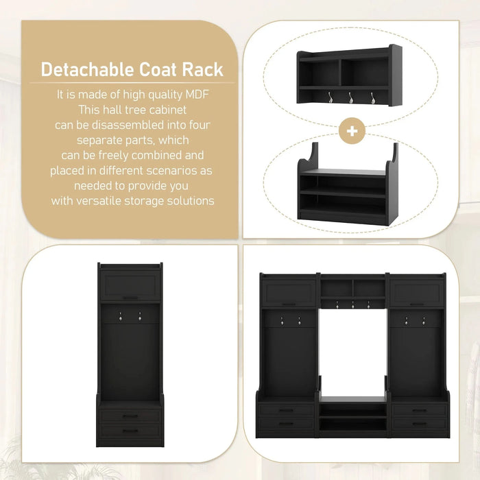 4-in-1 Detachable Hall Tree with Storage and 7 Hooks, Multiple Functions Hallway Coat Rack with Storage Drawers and Cabinet, Black Shoe Bench for Entryway Hallway Default -DTYStore