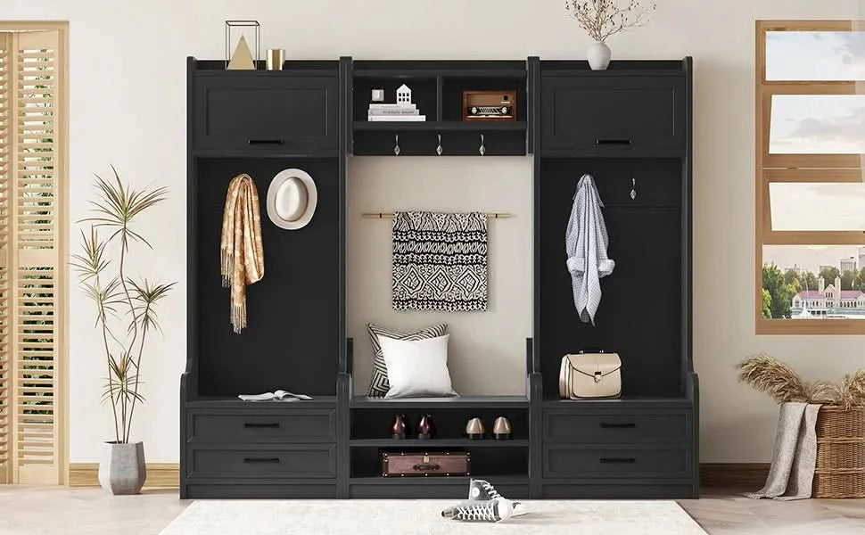 4-in-1 Detachable Hall Tree with Storage and 7 Hooks, Multiple Functions Hallway Coat Rack with Storage Drawers and Cabinet, Black Shoe Bench for Entryway Hallway Default -DTYStore