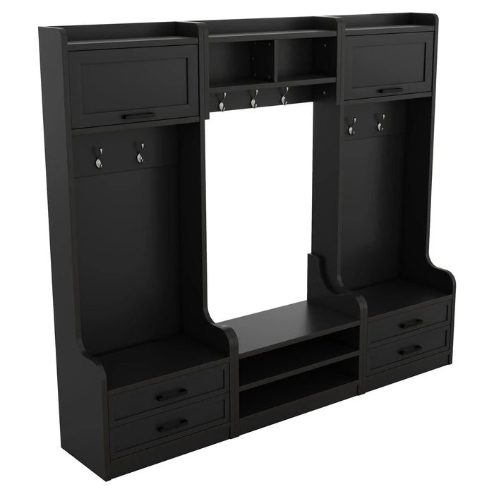 4-in-1 Detachable Hall Tree with Storage and 7 Hooks, Multiple Functions Hallway Coat Rack with Storage Drawers and Cabinet, Black Shoe Bench for Entryway Hallway - DTY Store