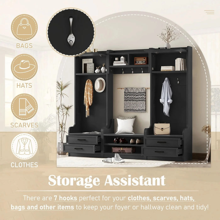 4-in-1 Detachable Hall Tree with Storage and 7 Hooks, Multiple Functions Hallway Coat Rack with Storage Drawers and Cabinet, Black Shoe Bench for Entryway Hallway Default -DTYStore