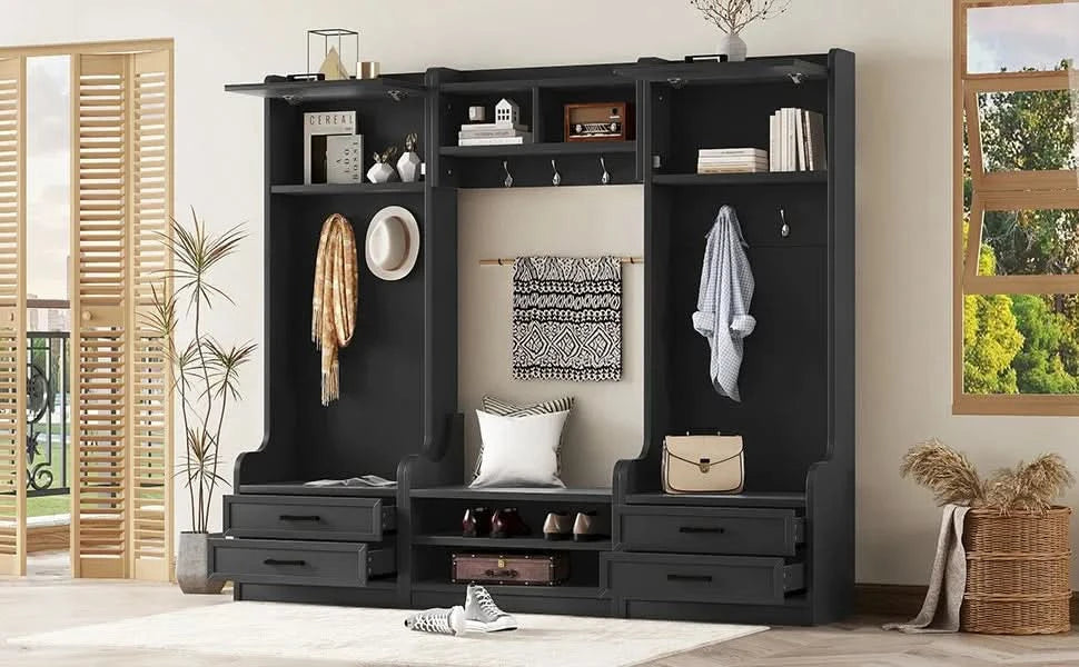 4-in-1 Detachable Hall Tree with Storage and 7 Hooks, Multiple Functions Hallway Coat Rack with Storage Drawers and Cabinet, Black Shoe Bench for Entryway Hallway Default -DTYStore