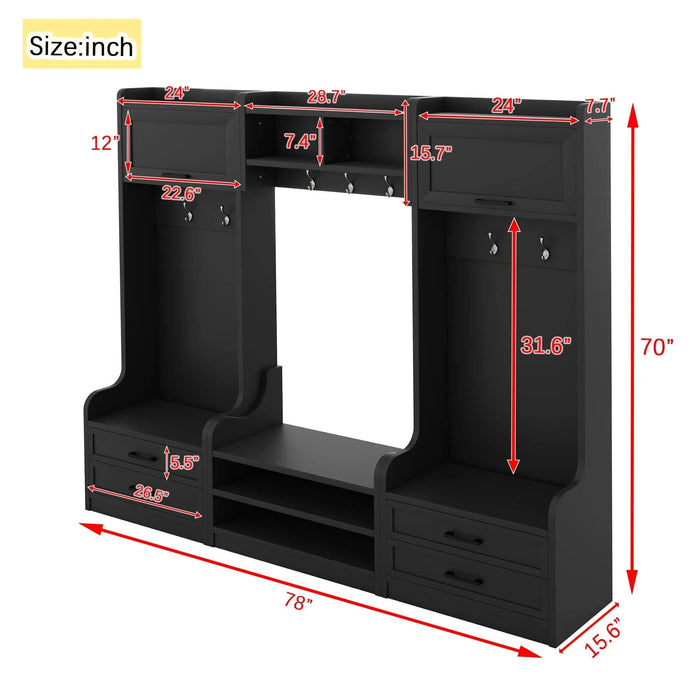 4-in-1 Detachable Hall Tree with Storage and 7 Hooks, Multiple Functions Hallway Coat Rack with Storage Drawers and Cabinet, Black Shoe Bench for Entryway Hallway Default -DTYStore
