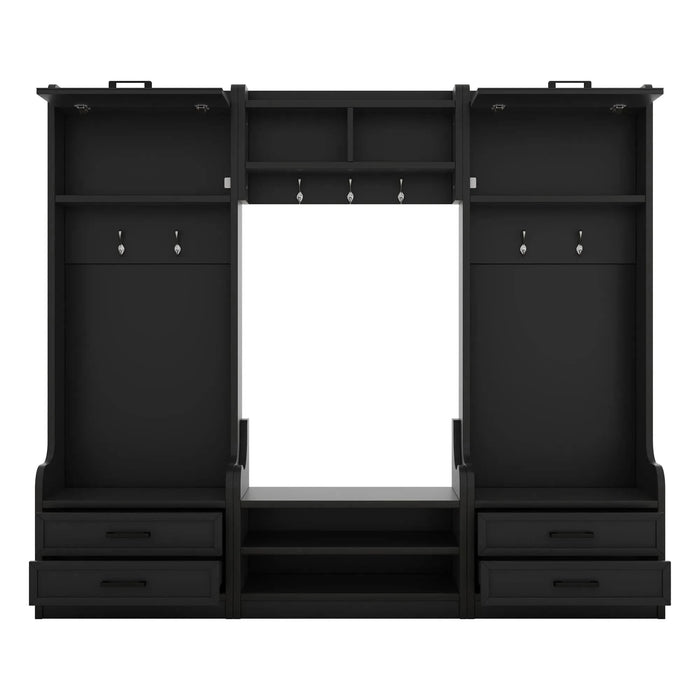 4-in-1 Detachable Hall Tree with Storage and 7 Hooks, Multiple Functions Hallway Coat Rack with Storage Drawers and Cabinet, Black Shoe Bench for Entryway Hallway - DTY Store