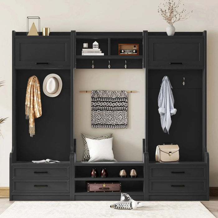 4-in-1 Detachable Hall Tree with Storage and 7 Hooks, Multiple Functions Hallway Coat Rack with Storage Drawers and Cabinet, Black Shoe Bench for Entryway Hallway Default -DTYStore