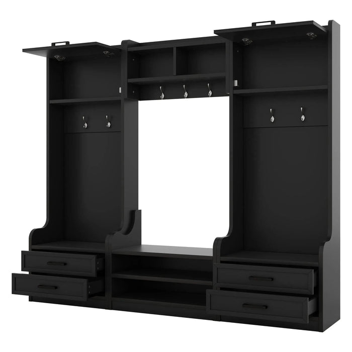 4-in-1 Detachable Hall Tree with Storage and 7 Hooks, Multiple Functions Hallway Coat Rack with Storage Drawers and Cabinet, Black Shoe Bench for Entryway Hallway- DTY Store