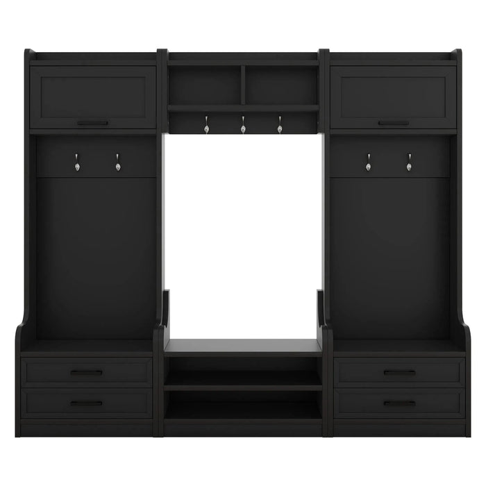 4-in-1 Detachable Hall Tree with Storage and 7 Hooks, Multiple Functions Hallway Coat Rack with Storage Drawers and Cabinet, Black Shoe Bench for Entryway Hallway - DTY Store