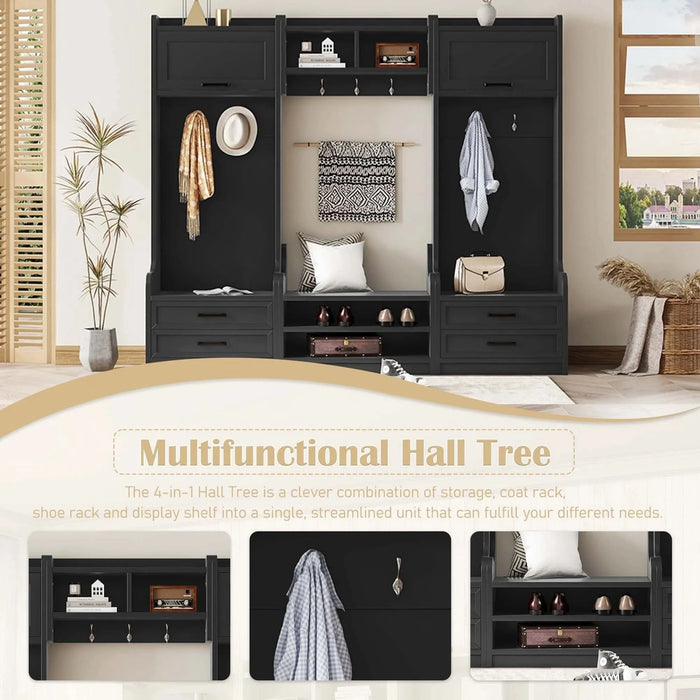 4-in-1 Detachable Hall Tree with Storage and 7 Hooks, Multiple Functions Hallway Coat Rack with Storage Drawers and Cabinet, Black Shoe Bench for Entryway Hallway - DTY Store