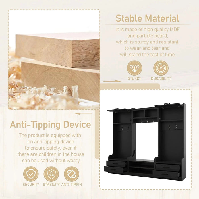 4-in-1 Detachable Hall Tree with Storage and 7 Hooks, Multiple Functions Hallway Coat Rack with Storage Drawers and Cabinet, Black Shoe Bench for Entryway Hallway Default -DTYStore