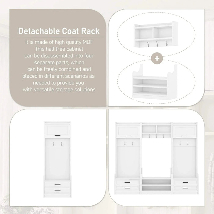 4-in-1 Detachable Hall Tree with Storage and 7 Hooks, Multiple Functions Hallway Coat Rack with Storage Drawers and Cabinet, White Shoe Bench for Entryway Hallway Default -DTYStore
