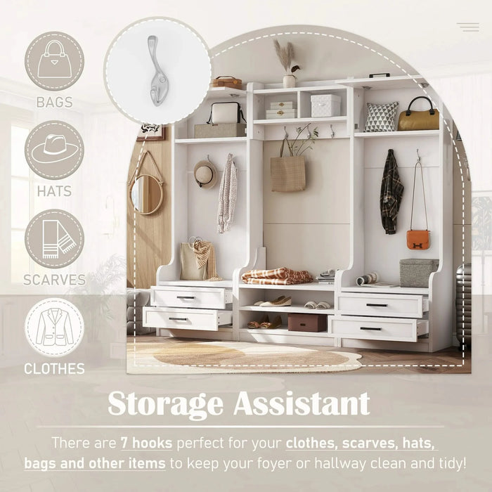 4-in-1 Detachable Hall Tree with Storage and 7 Hooks, Multiple Functions Hallway Coat Rack with Storage Drawers and Cabinet, White Shoe Bench for Entryway Hallway Default -DTYStore