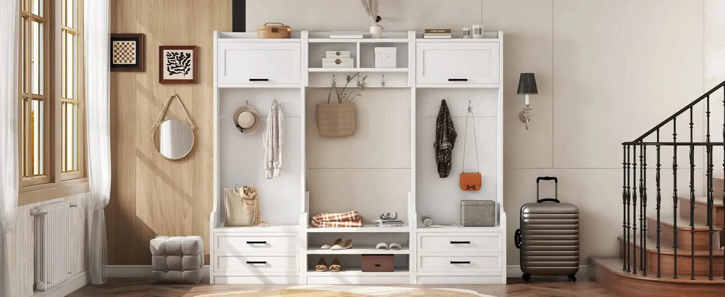 4-in-1 Detachable Hall Tree with Storage and 7 Hooks, Multiple Functions Hallway Coat Rack with Storage Drawers and Cabinet, White Shoe Bench for Entryway Hallway Default -DTYStore