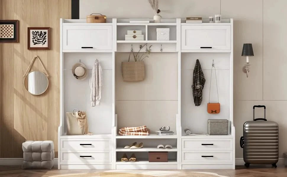 4-in-1 Detachable Hall Tree with Storage and 7 Hooks, Multiple Functions Hallway Coat Rack with Storage Drawers and Cabinet, White Shoe Bench for Entryway Hallway Default -DTYStore