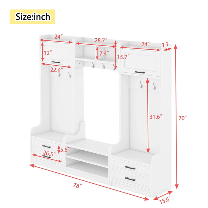 4-in-1 Detachable Hall Tree with Storage and 7 Hooks, Multiple Functions Hallway Coat Rack with Storage Drawers and Cabinet, White Shoe Bench for Entryway Hallway Default -DTYStore