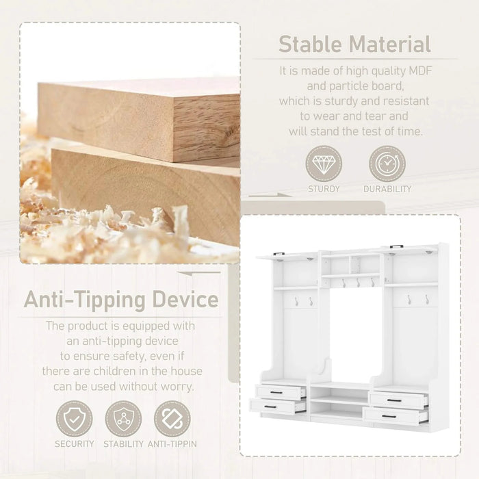 4-in-1 Detachable Hall Tree with Storage and 7 Hooks, Multiple Functions Hallway Coat Rack with Storage Drawers and Cabinet, White Shoe Bench for Entryway Hallway Default -DTYStore