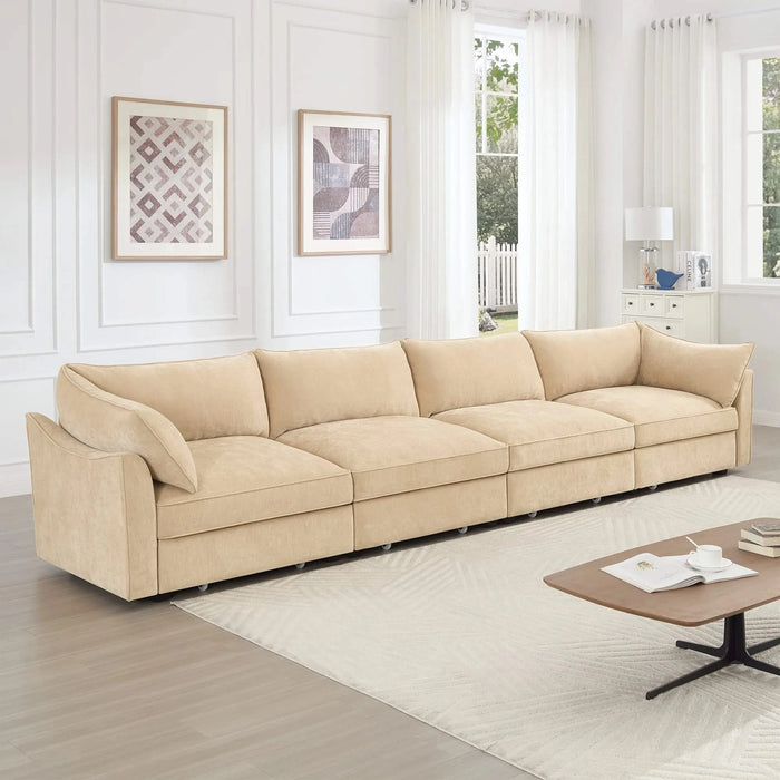 4-seater sofa, with a pull-out drawer under each seat, designed with crescent-shaped armrests, and equipped with wraparound back and arm cushions, chenille fabric, wheat colour. Default -DTYStore