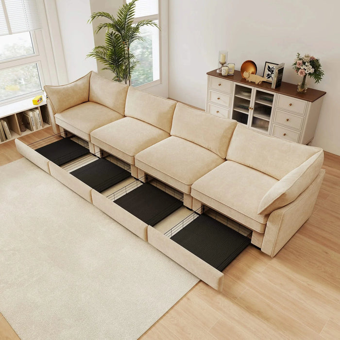 4-seater sofa, with a pull-out drawer under each seat, designed with crescent-shaped armrests, and equipped with wraparound back and arm cushions, chenille fabric, wheat colour. Default -DTYStore