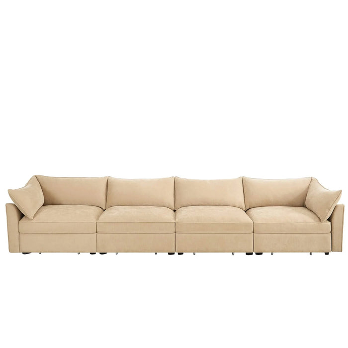 4-seater sofa, with a pull-out drawer under each seat, designed with crescent-shaped armrests, and equipped with wraparound back and arm cushions, chenille fabric, wheat colour. Default -DTYStore