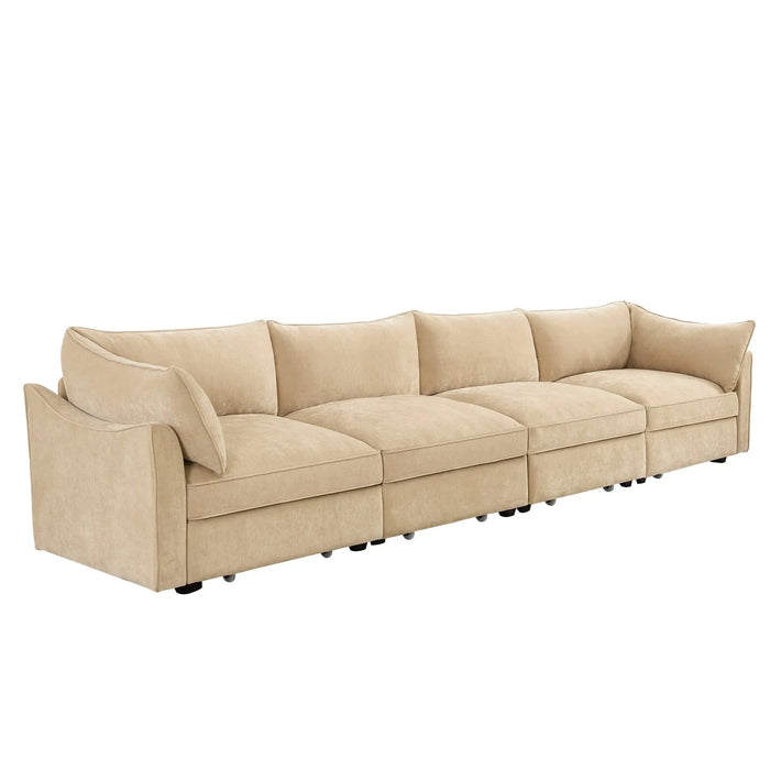 4-seater sofa, with a pull-out drawer under each seat, designed with crescent-shaped armrests, and equipped with wraparound back and arm cushions, chenille fabric, wheat colour. Default -DTYStore