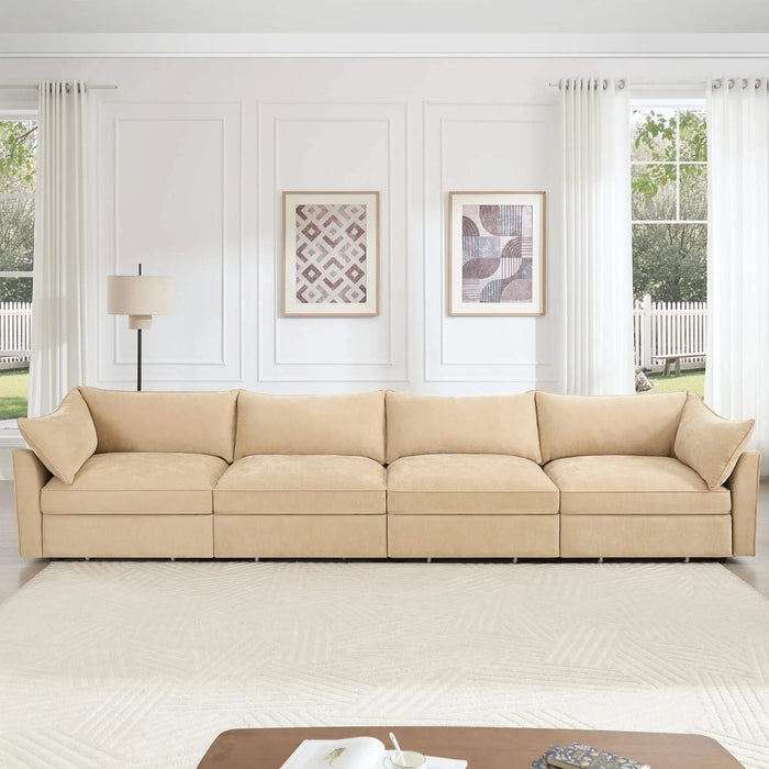 4-seater sofa, with a pull-out drawer under each seat, designed with crescent-shaped armrests, and equipped with wraparound back and arm cushions, chenille fabric, wheat colour. Default -DTYStore