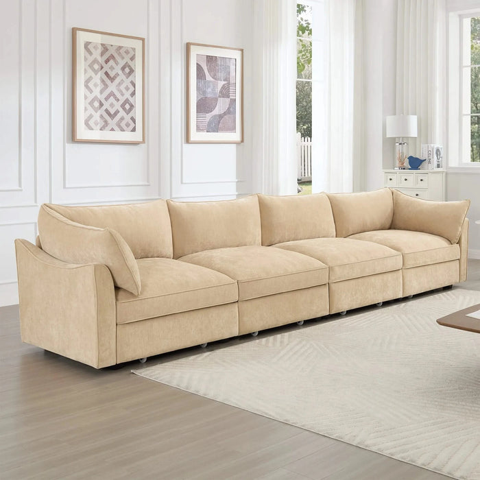 4-seater sofa, with a pull-out drawer under each seat, designed with crescent-shaped armrests, and equipped with wraparound back and arm cushions, chenille fabric, wheat colour. Default -DTYStore