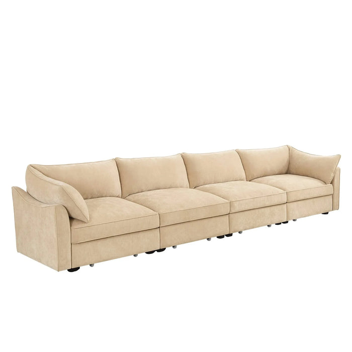 4-seater sofa, with a pull-out drawer under each seat, designed with crescent-shaped armrests, and equipped with wraparound back and arm cushions, chenille fabric, wheat colour. Default -DTYStore