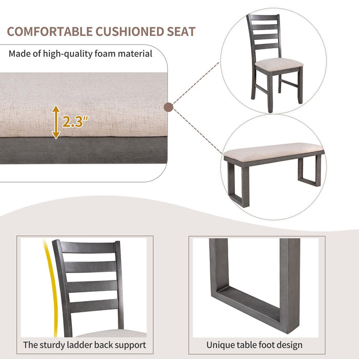 6-Pieces Family Furniture, Solid Wood Dining Room Set with Rectangular Table & 4 Chairs with Bench(Gray) - DTYStore