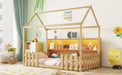 Twin Size House Bed with LED Light, Wood House Bed with Storage Bookshelf, Floor House Bed with Guardrails for Kids, Natural (Expect Arrival Date 2025/3/14) - DTYStore