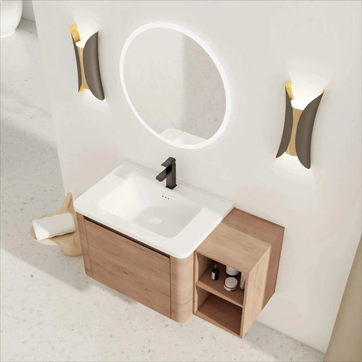 40'' Wall-Mounted Bathroom Vanity with White Ceramic Sink and Storage Shelves & 1-Soft-Close Door, KD-Packing, Plywood Default -DTYStore