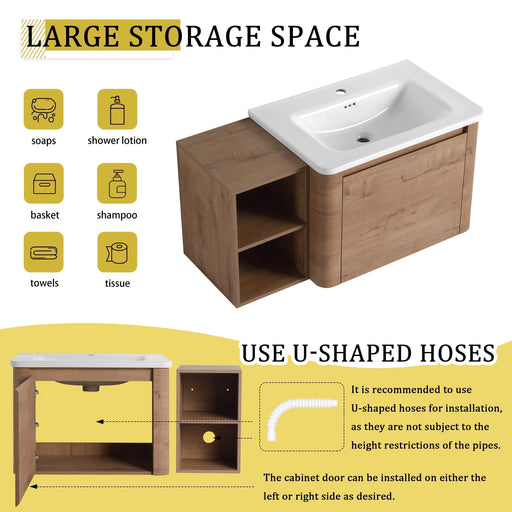 40'' Wall-Mounted Bathroom Vanity with White Ceramic Sink and Storage Shelves & 1-Soft-Close Door, KD-Packing, Plywood Default -DTYStore