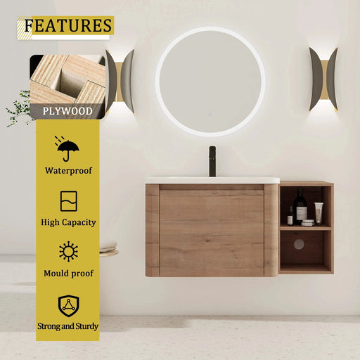 40'' Wall-Mounted Bathroom Vanity with White Ceramic Sink and Storage Shelves & 1-Soft-Close Door, KD-Packing, Plywood Default -DTYStore