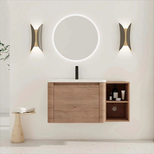 40'' Wall-Mounted Bathroom Vanity with White Ceramic Sink and Storage Shelves & 1-Soft-Close Door, KD-Packing, Plywood Default -DTYStore