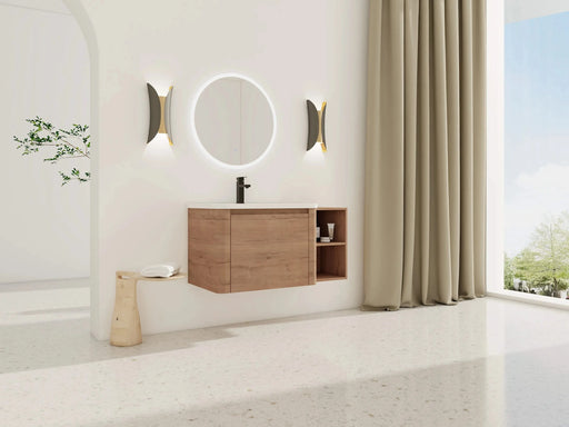 40'' Wall-Mounted Bathroom Vanity with White Ceramic Sink and Storage Shelves & 1-Soft-Close Door, KD-Packing, Plywood Default -DTYStore