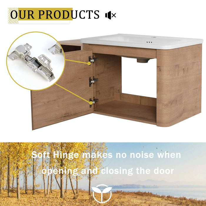 40'' Wall-Mounted Bathroom Vanity with White Ceramic Sink and Storage Shelves & 1-Soft-Close Door, KD-Packing, Plywood Default -DTYStore