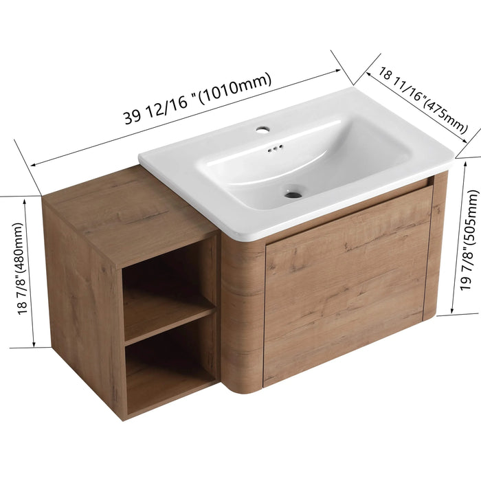 40'' Wall-Mounted Bathroom Vanity with White Ceramic Sink and Storage Shelves & 1-Soft-Close Door, KD-Packing, Plywood Default -DTYStore