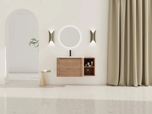 40'' Wall-Mounted Bathroom Vanity with White Ceramic Sink and Storage Shelves & 1-Soft-Close Door, KD-Packing, Plywood Default -DTYStore