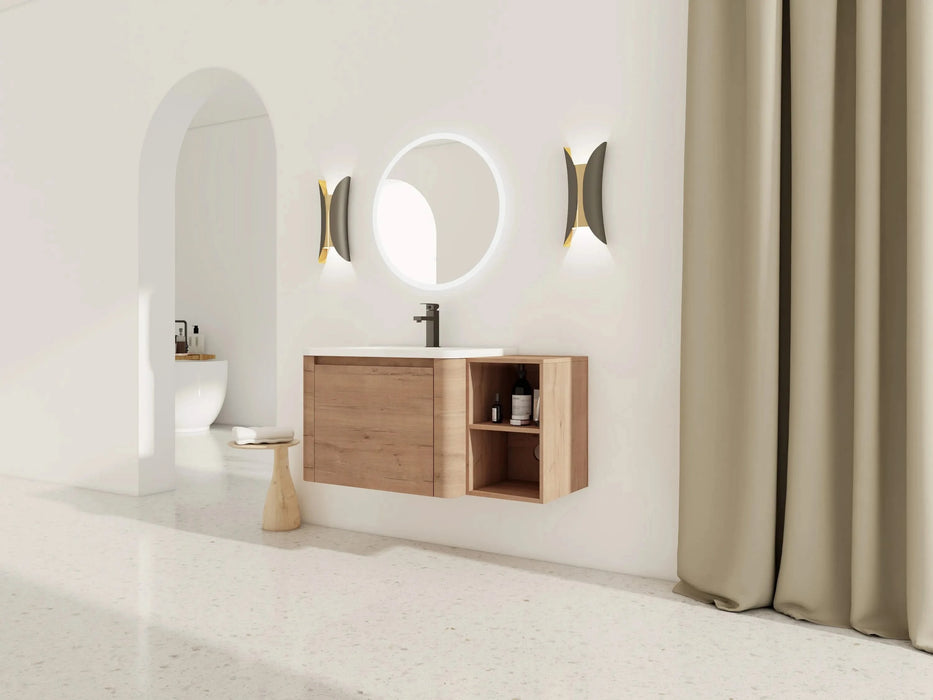 40'' Wall-Mounted Bathroom Vanity with White Ceramic Sink and Storage Shelves & 1-Soft-Close Door, KD-Packing, Plywood Default -DTYStore