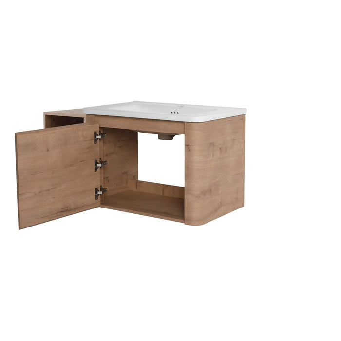 40'' Wall-Mounted Bathroom Vanity with White Ceramic Sink and Storage Shelves & 1-Soft-Close Door, KD-Packing, Plywood Default -DTYStore