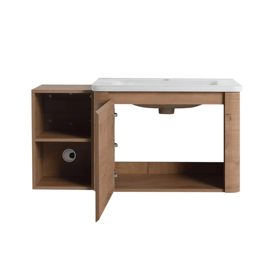 40'' Wall-Mounted Bathroom Vanity with White Ceramic Sink and Storage Shelves & 1-Soft-Close Door, KD-Packing, Plywood Default -DTYStore