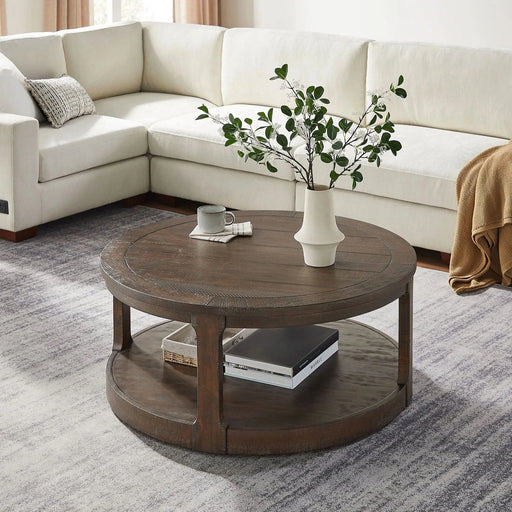 40inch Large Curved 2 Tier Traditional Round Circle Wooden Center Coffee Table,Mid Century Rounded Table with Wheels ,Rustic Style Table for living Room,Office,Apartment,Brown Default -DTYStore