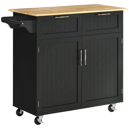 41' Modern Rolling Kitchen Island on Wheels, Utility Cart Storage Trolley with Rubberwood Top & Drawers, Black Default -DTYStore