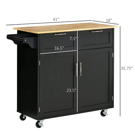 41' Modern Rolling Kitchen Island on Wheels, Utility Cart Storage Trolley with Rubberwood Top & Drawers, Black Default -DTYStore