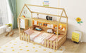 Twin Size House Bed with LED Light, Wood House Bed with Storage Bookshelf, Floor House Bed with Guardrails for Kids, Natural (Expect Arrival Date 2025/3/14) - DTYStore