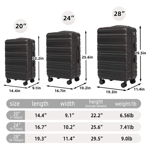 HIFINE TOURIST 20'/24'/28' 3 pcs/set in ABS Spinner Wheel Luggage, Carry on Suitcase, Matching Color, Combination Lock (Dark Gray) - Image 3