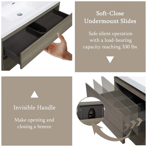 42' Floating Bathroom Vanity with Sink, Modern Wall-Mounted Bathroom Storage Vanity Cabinet with Resin Top Basin and Soft Close Drawers, Ash Grey 24V11-42AG Default -DTYStore