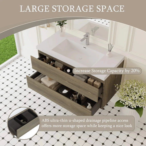 42' Floating Bathroom Vanity with Sink, Modern Wall-Mounted Bathroom Storage Vanity Cabinet with Resin Top Basin and Soft Close Drawers, Ash Grey 24V11-42AG Default -DTYStore