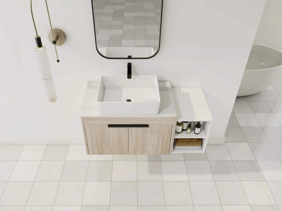 42 ' Modern Design Float Bathroom Vanity With Ceramic Art Sink, White Flat Stone Slab and Small Storage Shelves, Soft Closed Door,KD-Package (TOP-BAB110MOWH) Default -DTYStore