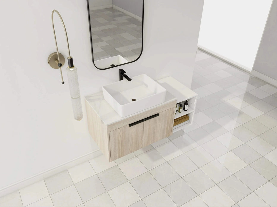 42 ' Modern Design Float Bathroom Vanity With Ceramic Art Sink, White Flat Stone Slab and Small Storage Shelves, Soft Closed Door,KD-Package (TOP-BAB110MOWH) Default -DTYStore