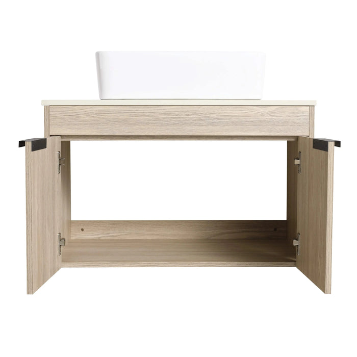 42 ' Modern Design Float Bathroom Vanity With Ceramic Art Sink, White Flat Stone Slab and Small Storage Shelves, Soft Closed Door,KD-Package (TOP-BAB110MOWH) Default -DTYStore